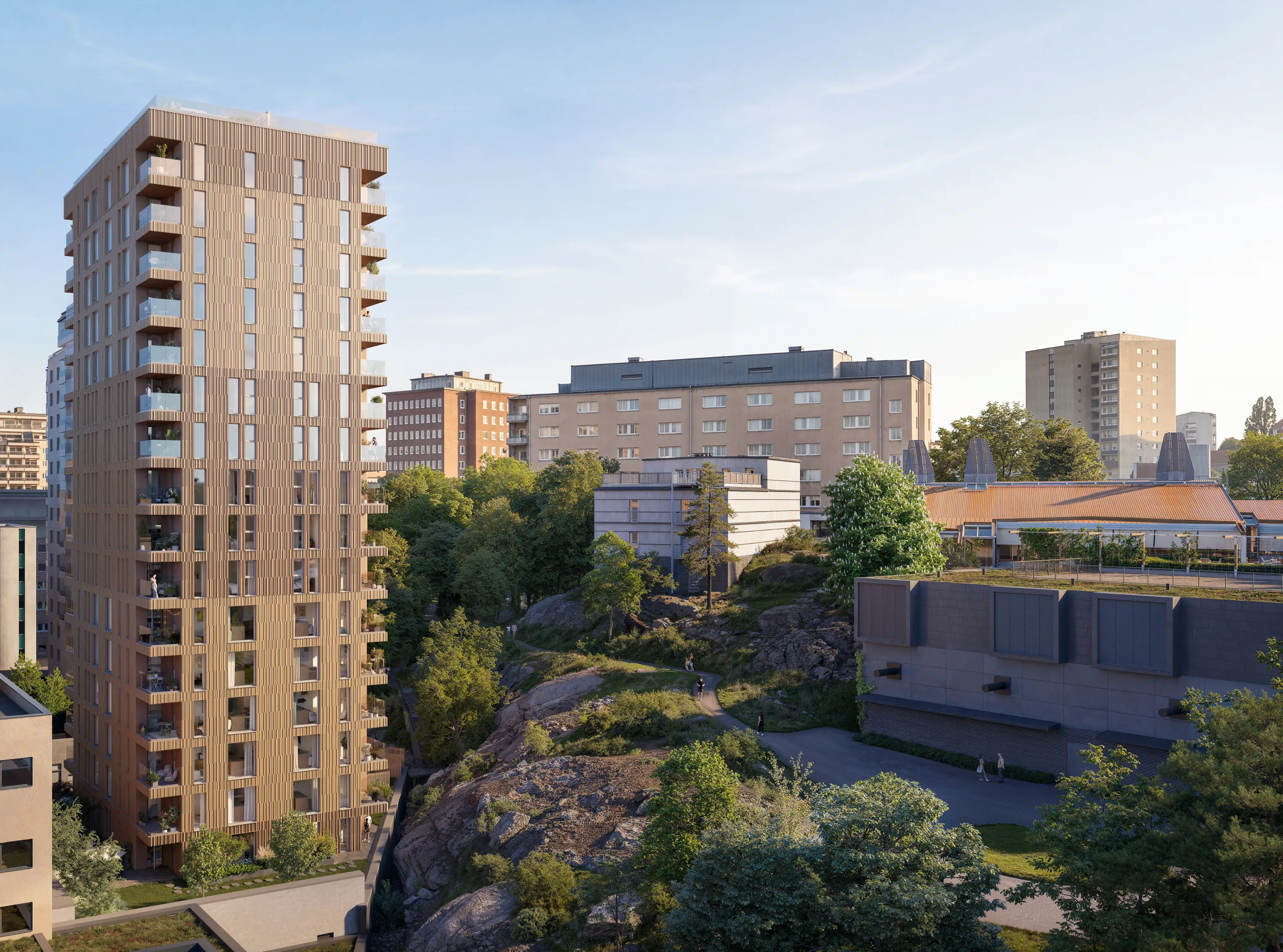 Stående vy av Ekedalsterrassen med träfasad och balkonger