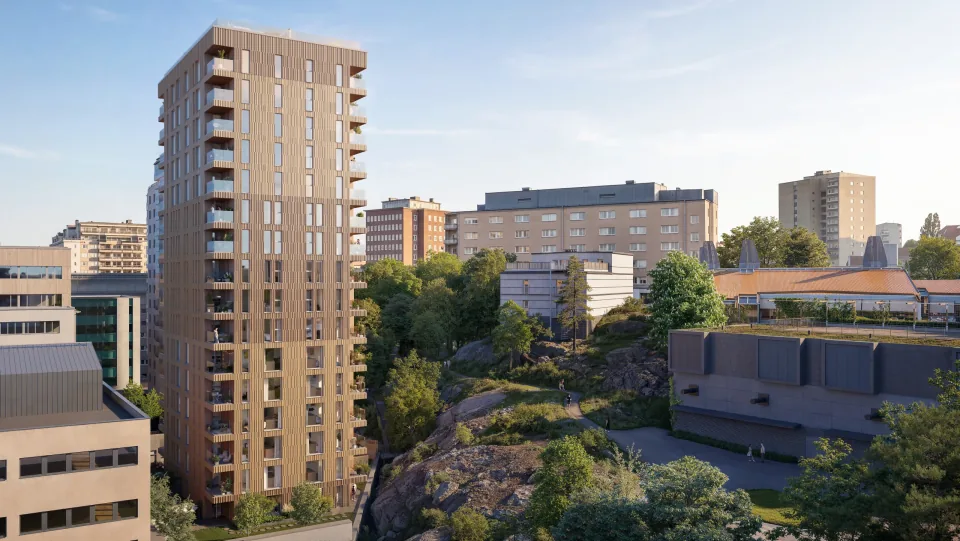 Ekedalsterrassens träfasad intill parkstråket och omgivande kvarter