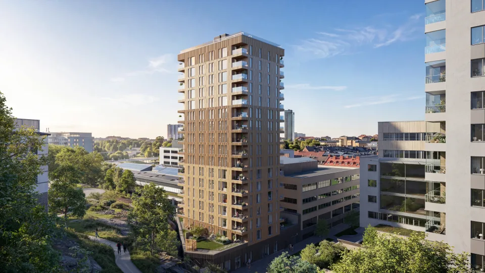 Ekedalsterrassen från öster med stadslandskap och grönska