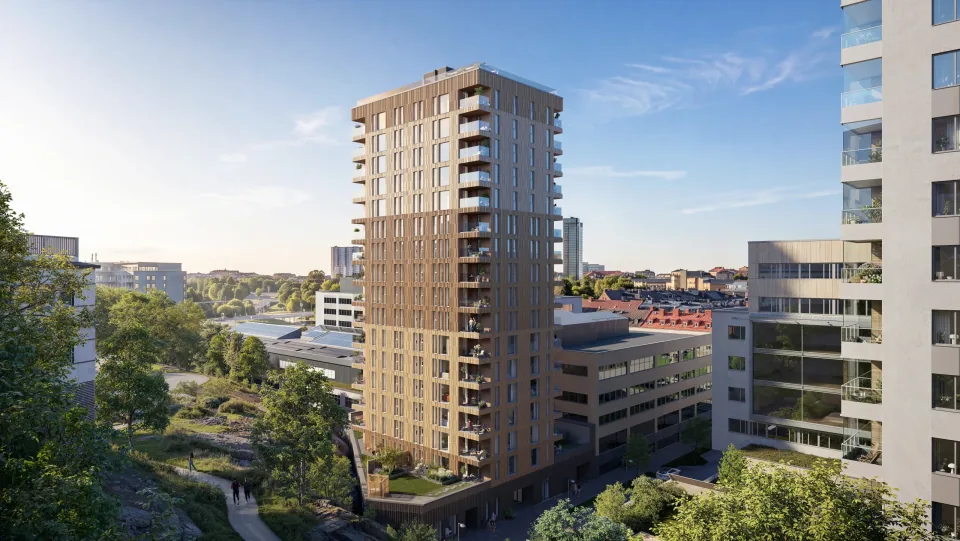 Ekedalsterrassen från öster med närliggande bostadshus och grönska